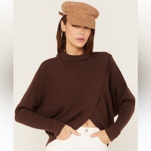 Revel brown mock turtle neck with cross over front